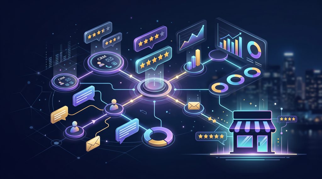 Abstract review automation system for a local business, with stars, workflow nodes, CRM cards, and reporting charts
