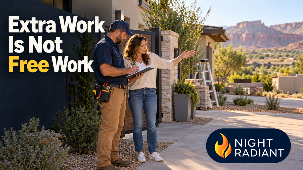 A remodeler records a scope change on a clipboard while a homeowner gestures toward the work at a clean residential job site