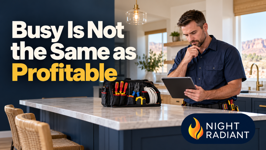 A residential electrician reviews a tablet beside an organized toolkit in a clean, bright home. Busy Is Not the Same as Profitable. Night Radiant logo bottom right.